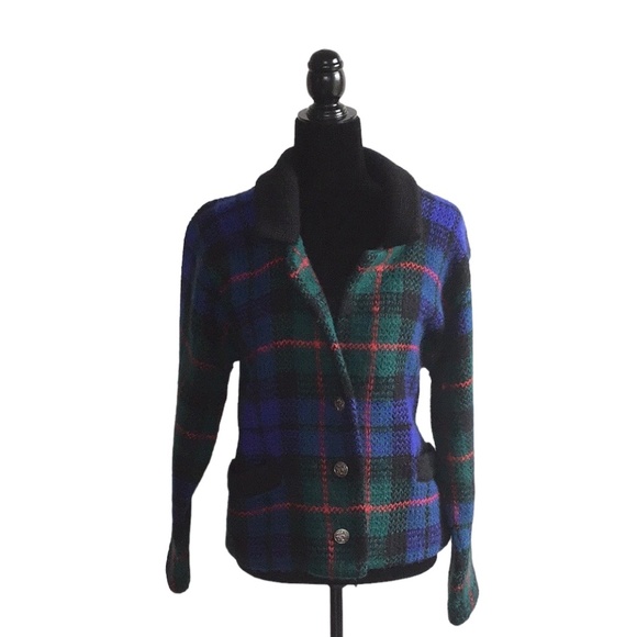 Vintage Sweaters - Vintage I. B. Diffusion Wool Mohair  Blend Collared Plaid Cardigan, size S
